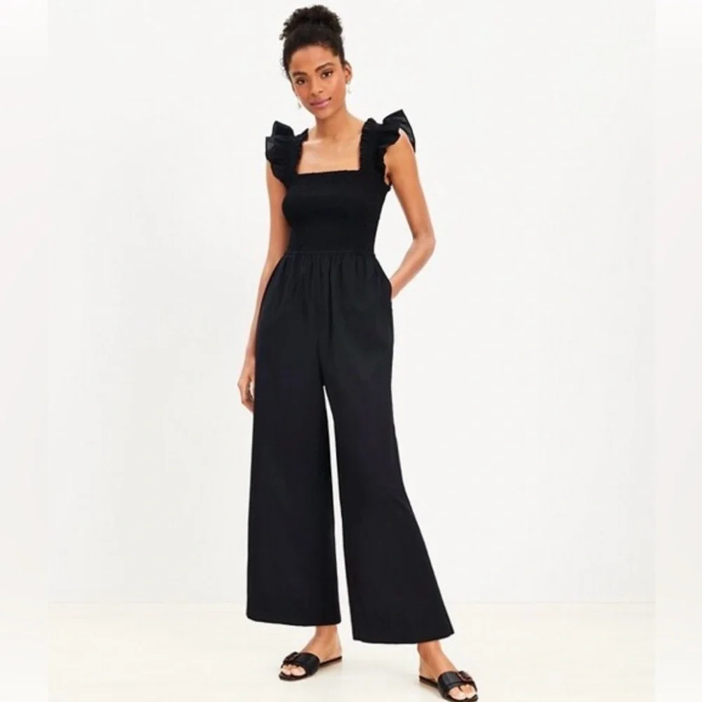 LOFT Beach Ruched Wide Leg Jumpsuit for Black with pockets. 100% cotton - Picture 1 of 14